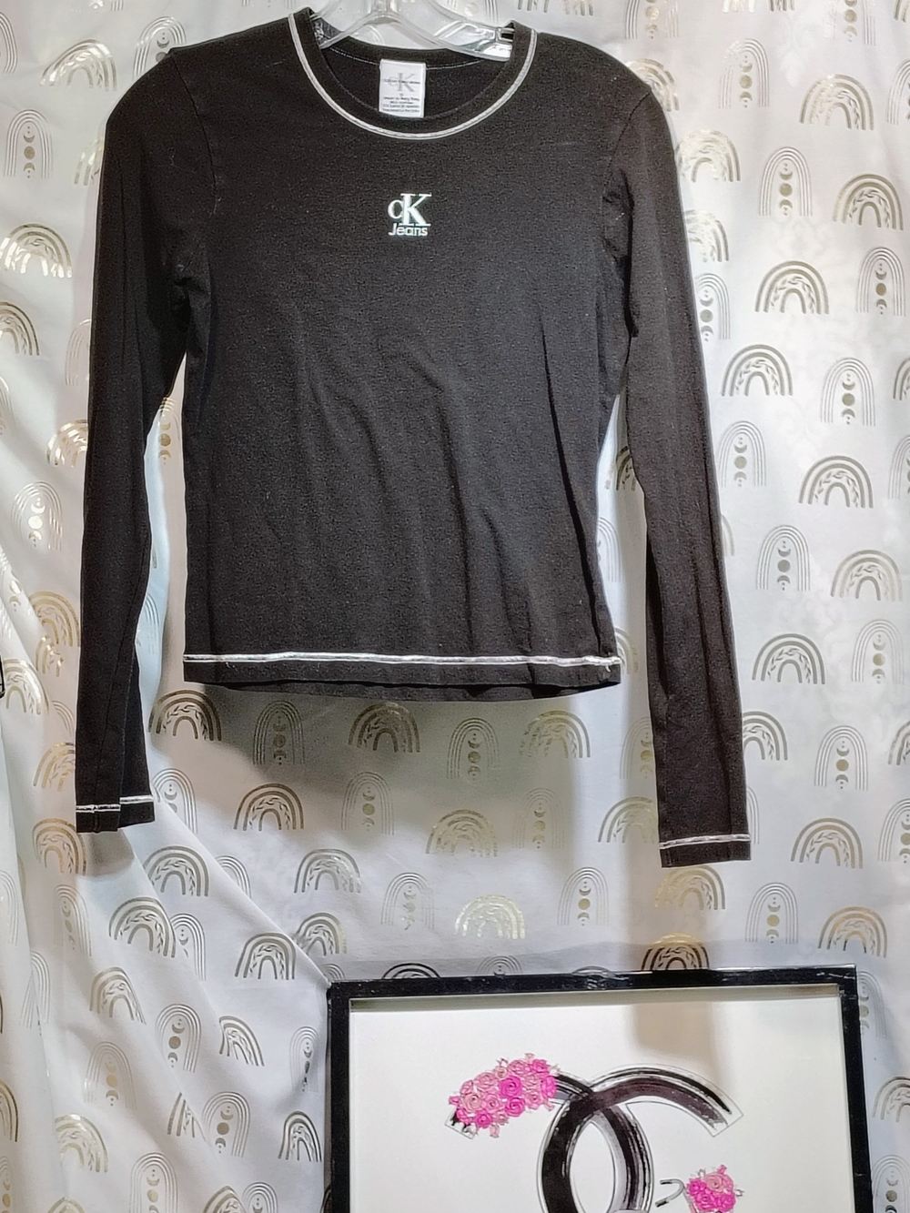 Calvin Klein Jeans Black Long-Sleeve Logo Top with White Trim